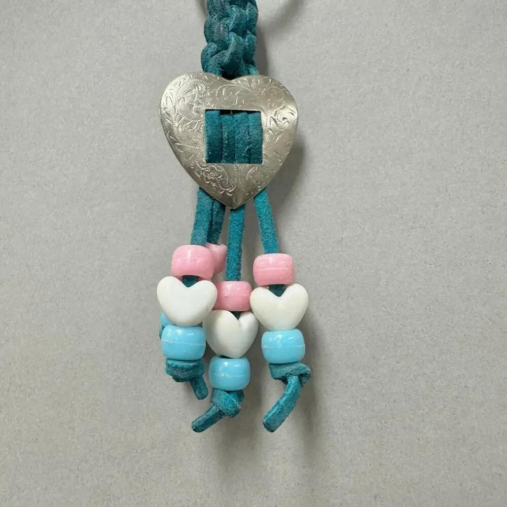 Vintage 90s handmade‎ suede leather and bead macrame Keychain heart concho boho